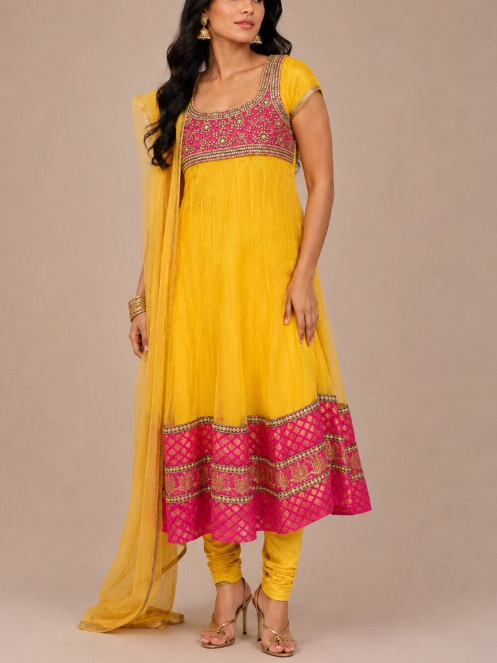 Yellow Pink Anarkali Net Churidar Set Indian Party Wedding Haldi Beaded Desi